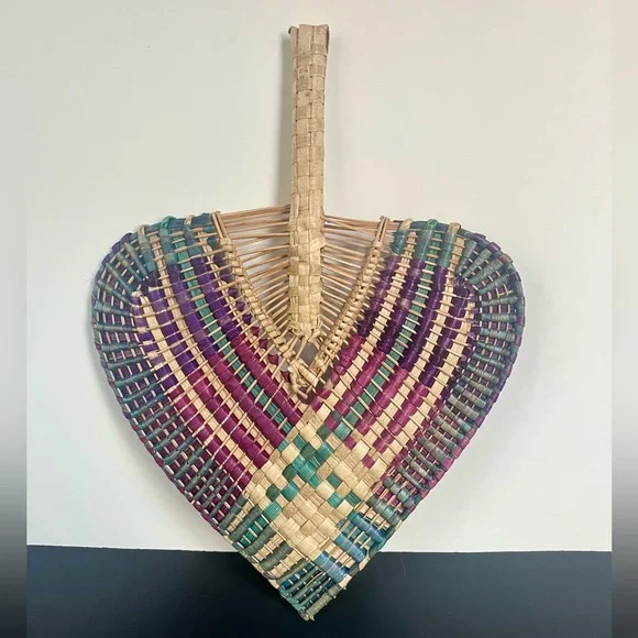 Hand Crafted Woven Palm Bamboo Fan Bohemian Boho Purple Green Natural Materials - Picture 2 of 6